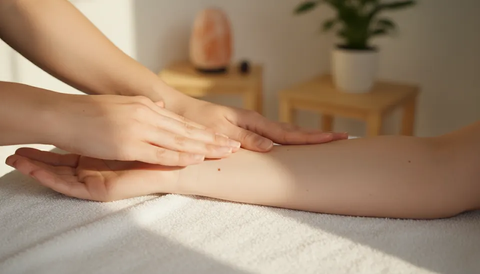 Close-up view of hands gently performing lymphatic drainage on an arm over a soft towel.