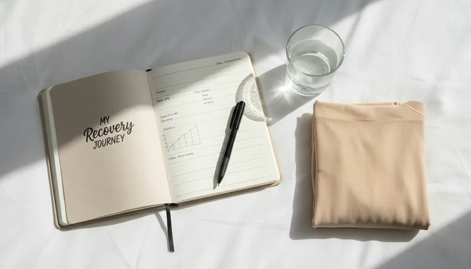 Overhead view of a recovery journal, water glass, and folded compression garment on a bed.